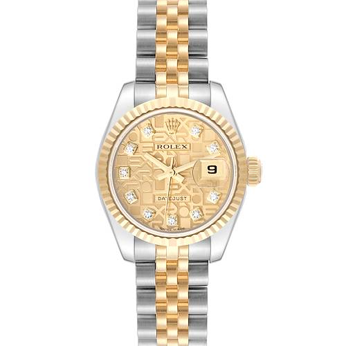 The Rolex Datejust watch is shown from a front angle, highlighting the dial, bezel, and a portion of the bracelet.